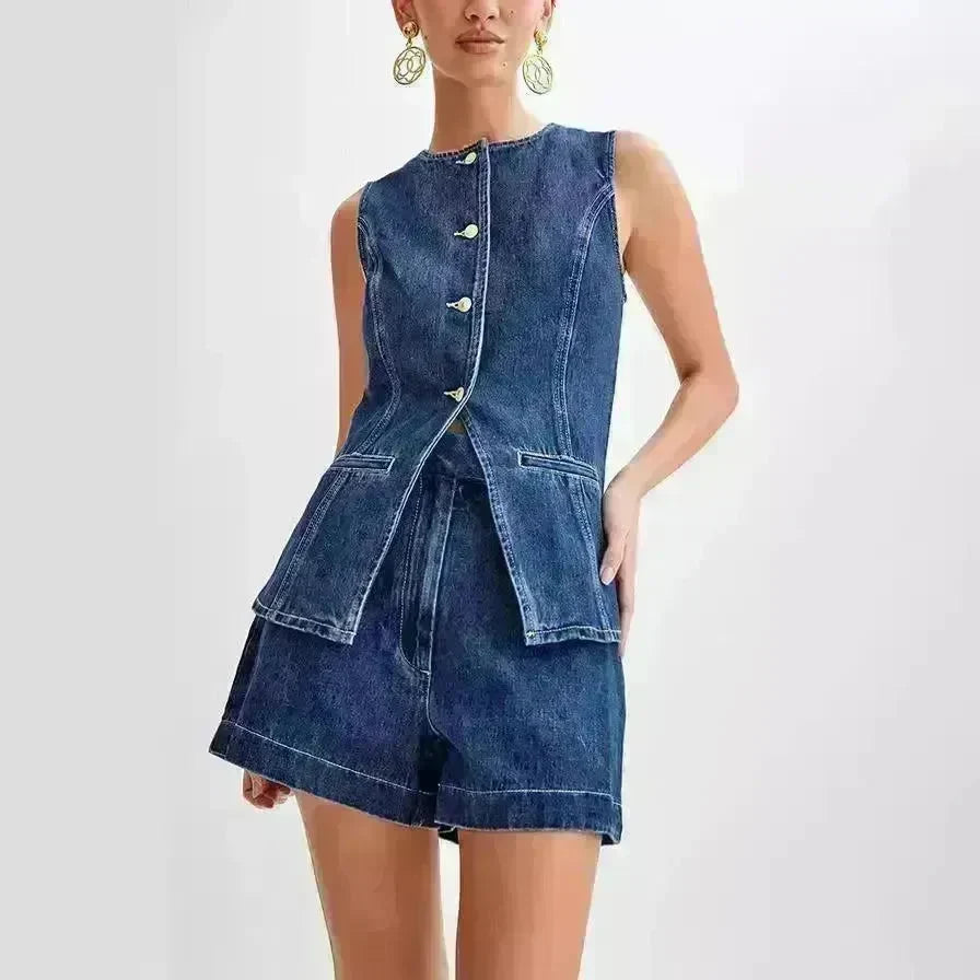 Fashion Denim Suit Summer Casual Sleeveless Button Vest Top And High Waist Shorts Set For Women - EX-STOCK CANADA