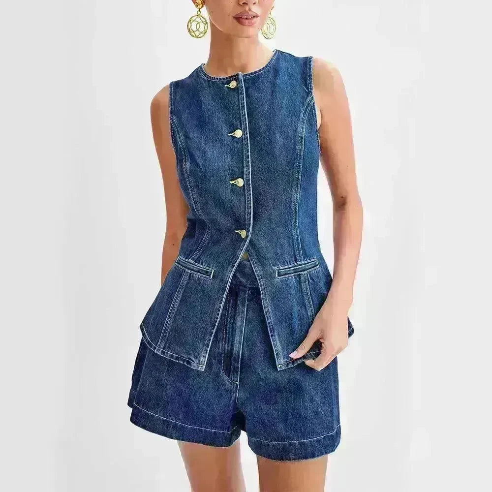 Fashion Denim Suit Summer Casual Sleeveless Button Vest Top And High Waist Shorts Set For Women - EX-STOCK CANADA
