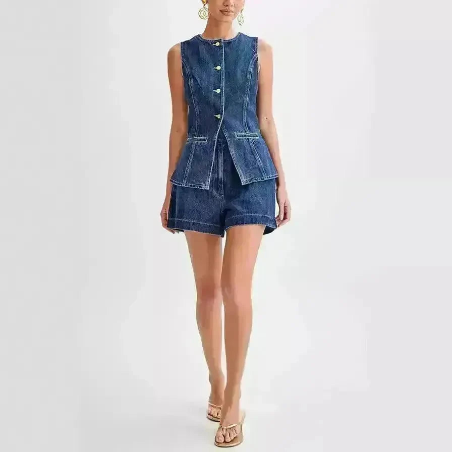 Fashion Denim Suit Summer Casual Sleeveless Button Vest Top And High Waist Shorts Set For Women - EX-STOCK CANADA