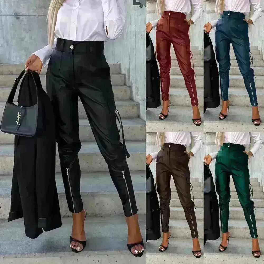 Fashion Slim-fitting Leather Trousers Women Waist-cinching Zipper Design Pants With Pockets - EX-STOCK CANADA