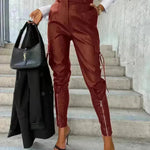 Fashion Slim-fitting Leather Trousers Women Waist-cinching Zipper Design Pants With Pockets - EX-STOCK CANADA