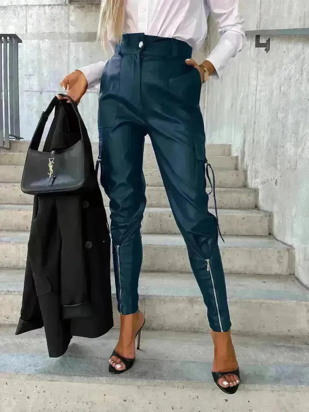 Fashion Slim-fitting Leather Trousers Women Waist-cinching Zipper Design Pants With Pockets - EX-STOCK CANADA