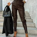 Fashion Slim-fitting Leather Trousers Women Waist-cinching Zipper Design Pants With Pockets - EX-STOCK CANADA