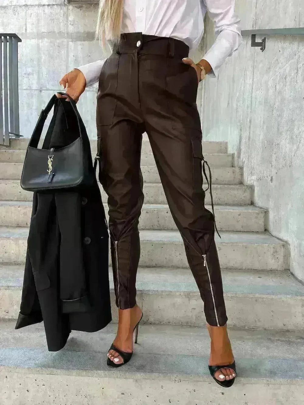Fashion Slim-fitting Leather Trousers Women Waist-cinching Zipper Design Pants With Pockets - EX-STOCK CANADA