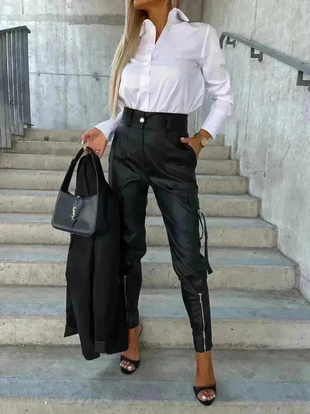 Fashion Slim-fitting Leather Trousers Women Waist-cinching Zipper Design Pants With Pockets - EX-STOCK CANADA