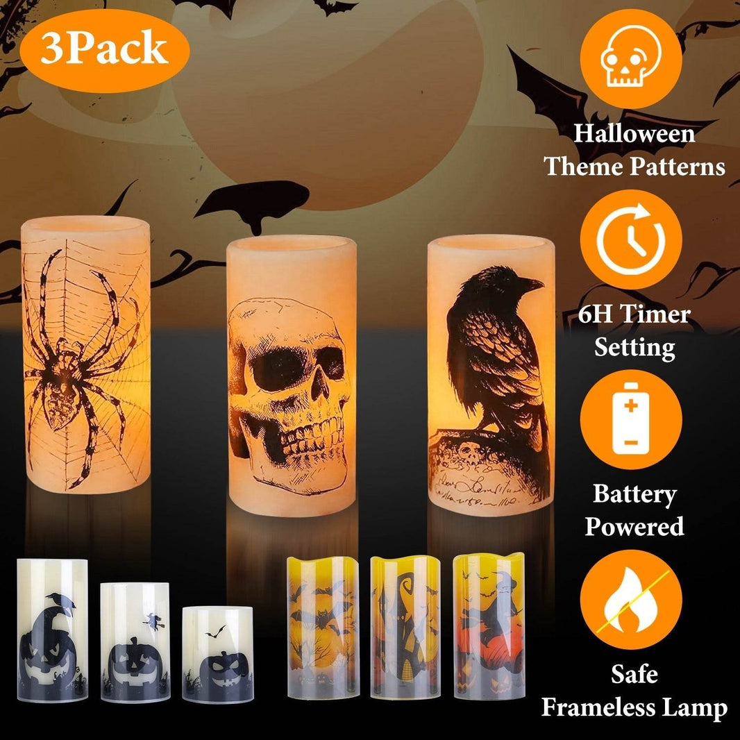 3 Pack Halloween Flameless Candle Lamp With Timer Setting Battery Operated Warm Orange Light Candles For Halloween Party Decoration EX-STOCK