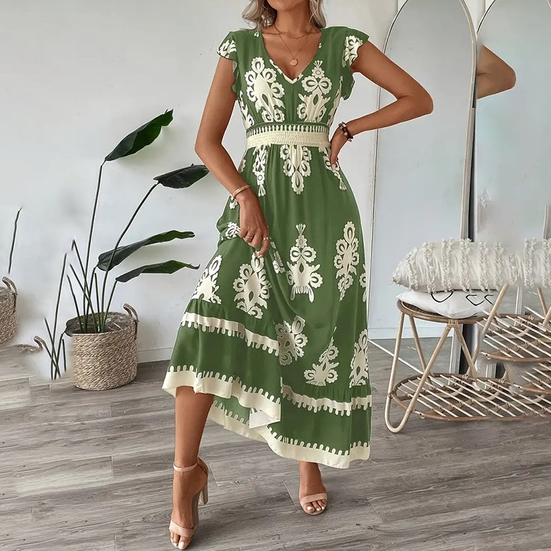 Women's Summer Flowy Maxi Dress Casual Cap Sleeve V Neck Smocked Waist Beach Sundress EX-STOCK