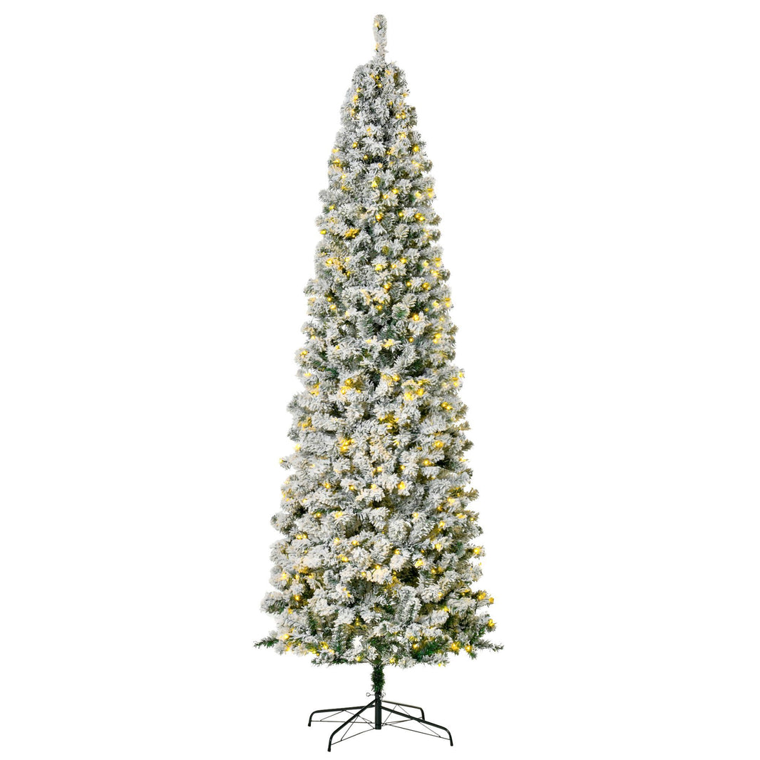 9 Feet Prelit Artificial Snow Flocked Pencil Christmas Tree, Slim Xmas Tree With Warm White LED Light, Holiday Home Xmas Decoration, Green EX-STOCK Canada 