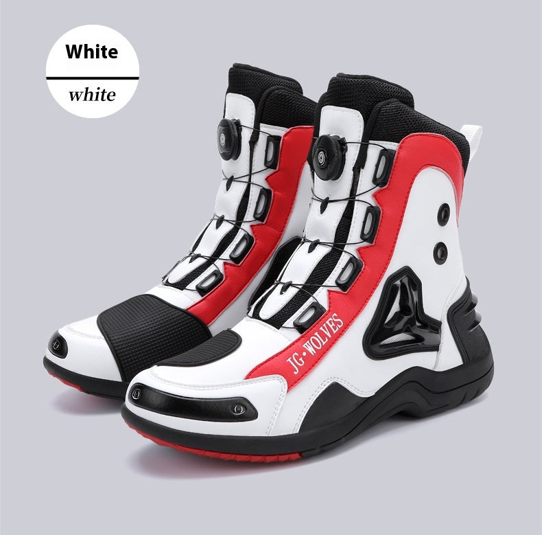 White, red, and black high-top shoes on a gray background