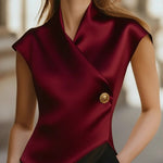 Women's Satin Wrap Blouse – Elegant Cap Sleeve V-Neck Top with Gold Button | Burgundy & Ivory | S–2XL