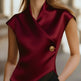 Women's Satin Wrap Blouse – Elegant Cap Sleeve V-Neck Top with Gold Button | Burgundy & Ivory | S–2XL