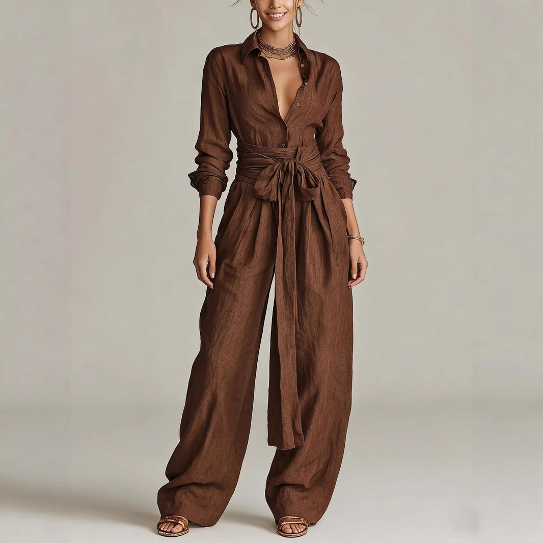 Women's brown linen-blend belted shirt and wide-leg pants set