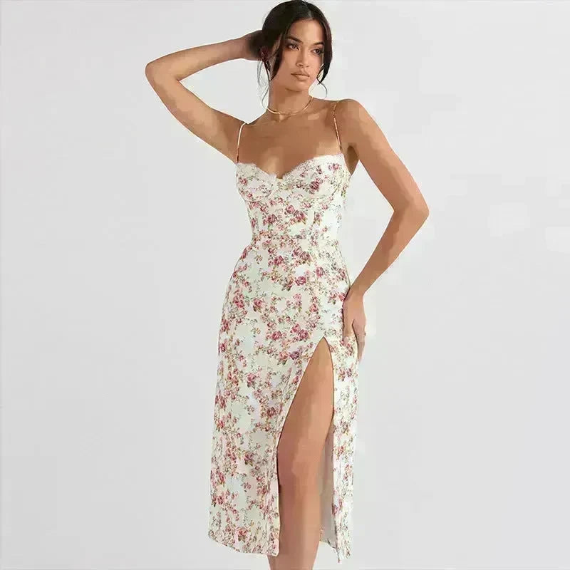 Women's Floral Spaghetti Strap Cami Dress Lace Trim Side Slit Bodycon Midi summer Dress - EX-STOCK CANADA