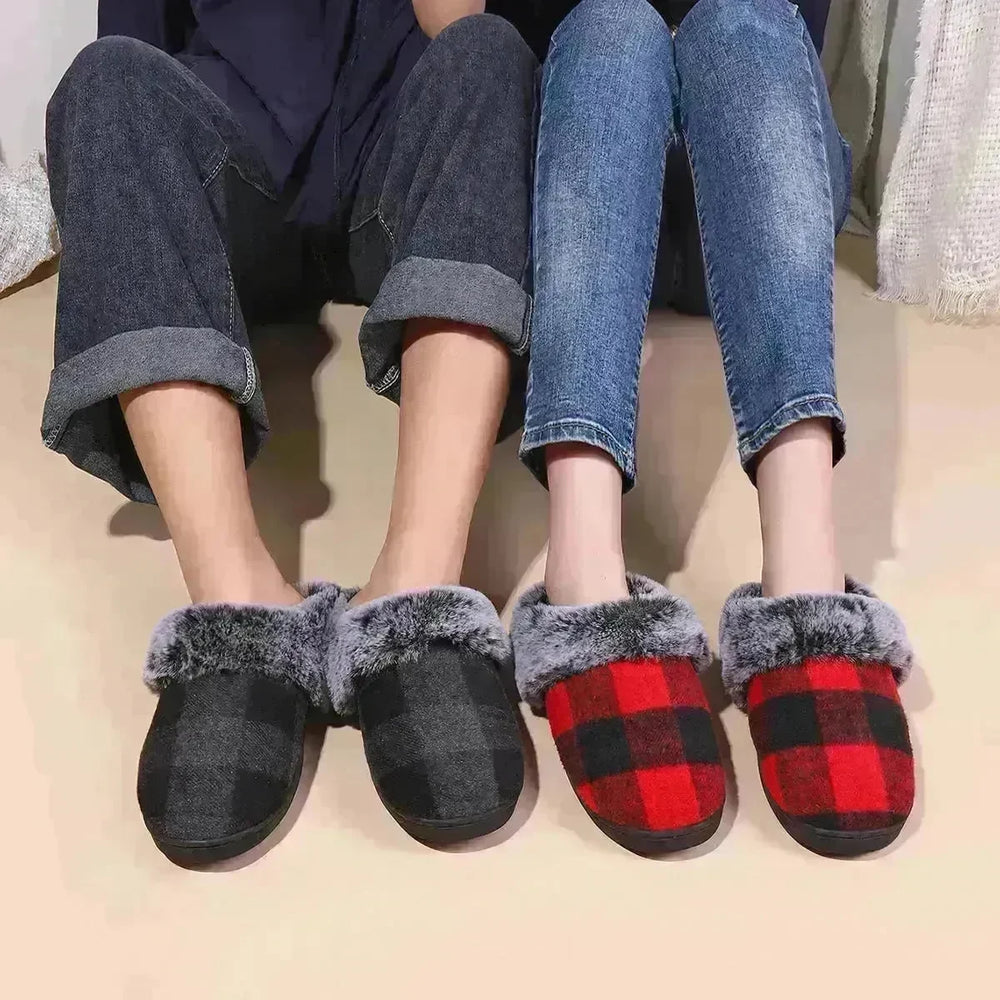 Winter Warm Plaid Plush Slippers Home Indoor Non-slip Bedroom Floor Soft Fuzzy Slipper For Couple Fashion Solid House Shoes - EX-STOCK CANADA