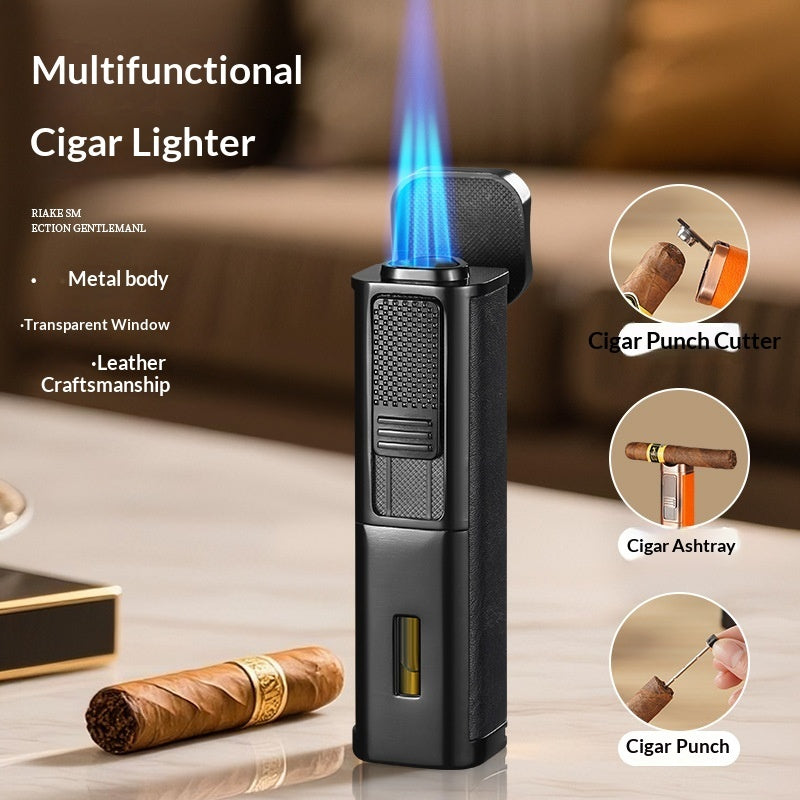 4-in-1 Multifunctional Cigar Torch Lighter with Built-In Punch, Ashtray & Needle | 5 Leather Colours