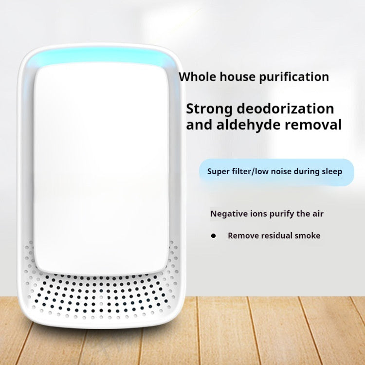 Air purifier on a wooden surface with text highlighting its features.