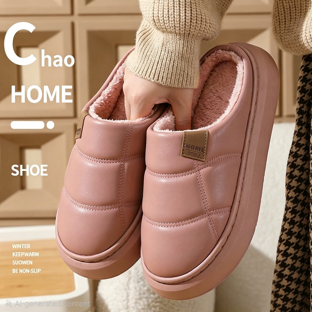 Unisex PU Leather Sherpa-Lined Thick-Soled Slippers – Non-Slip Warm Indoor House Shoes | 5 Colors | EU 36–51 