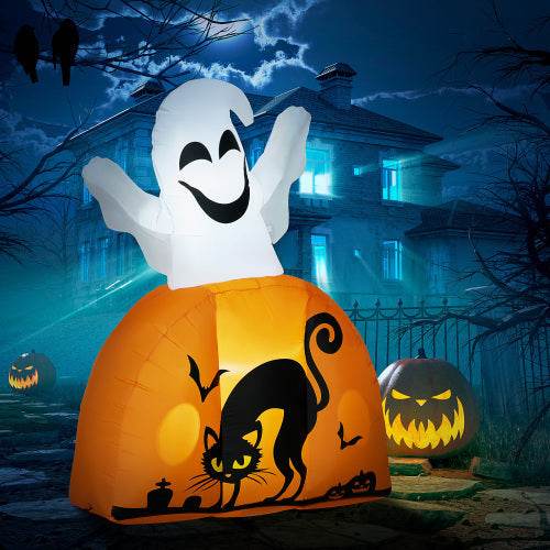 HOMCOM 5ft Halloween Inflatables Outdoor Decorations Ghost With Pumpkin, Outdoor Blow Up Yard Decor With LED Lights For Garden, Lawn, Party, Holiday EX-STOCK