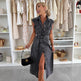 Women's Casual Sleeveless Lace-up Long Dresses Fashion Pockets Solid Party Office Elegant Lapel Single Breasted Denim Dress Summer  EX-STOCK CANADA