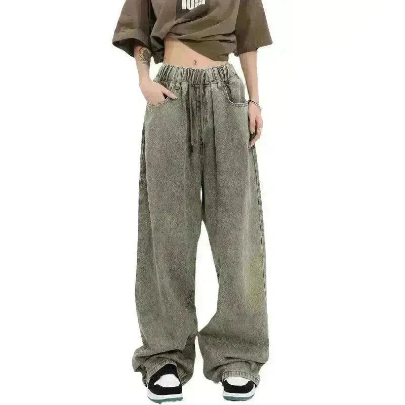Retro Worn Looking Washed-out Drawstring Baggy Jeans Pant For Women - EX-STOCK CANADA