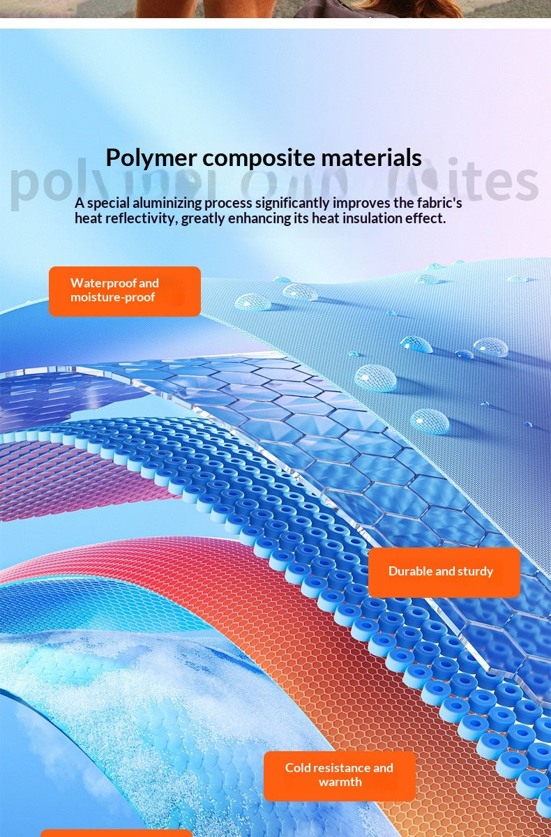 A promotional graphic for polymer composite materials showing layered blue and red textured fabric-like surfaces with water droplets and text callouts including 'Waterproof and moisture-proof', 'Durable and sturdy', and 'Cold resistance and warmth'.
