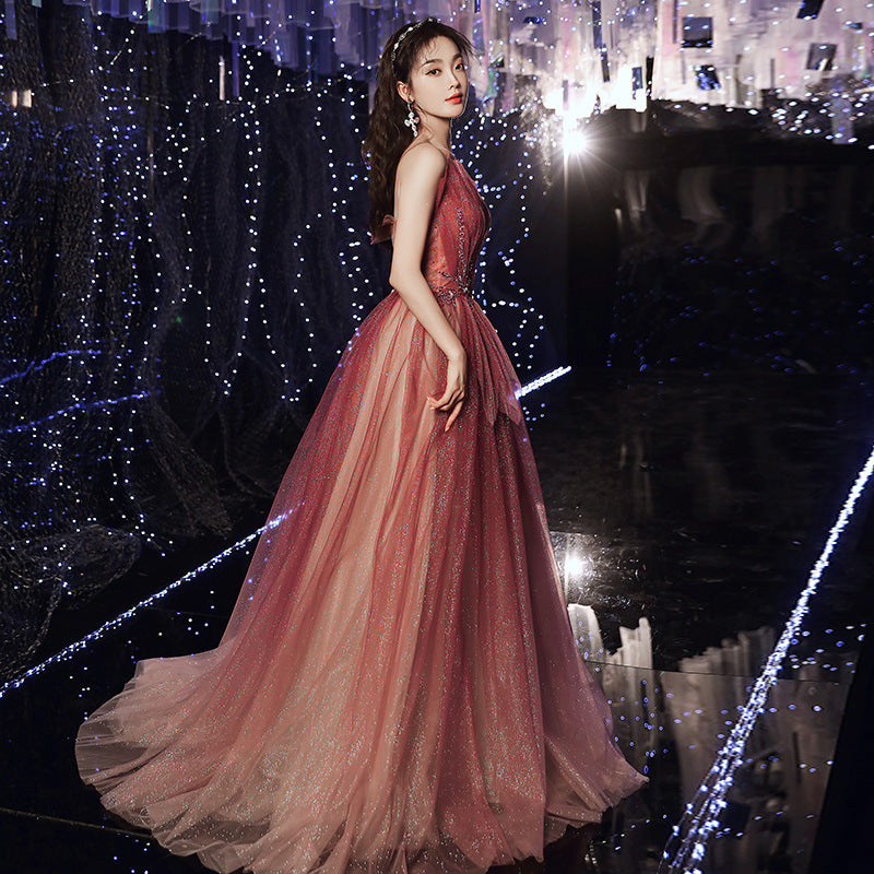 Evening Female Toast Dress Red Bridal Dinner Tube Top Long Dress Host Fairy Spirit