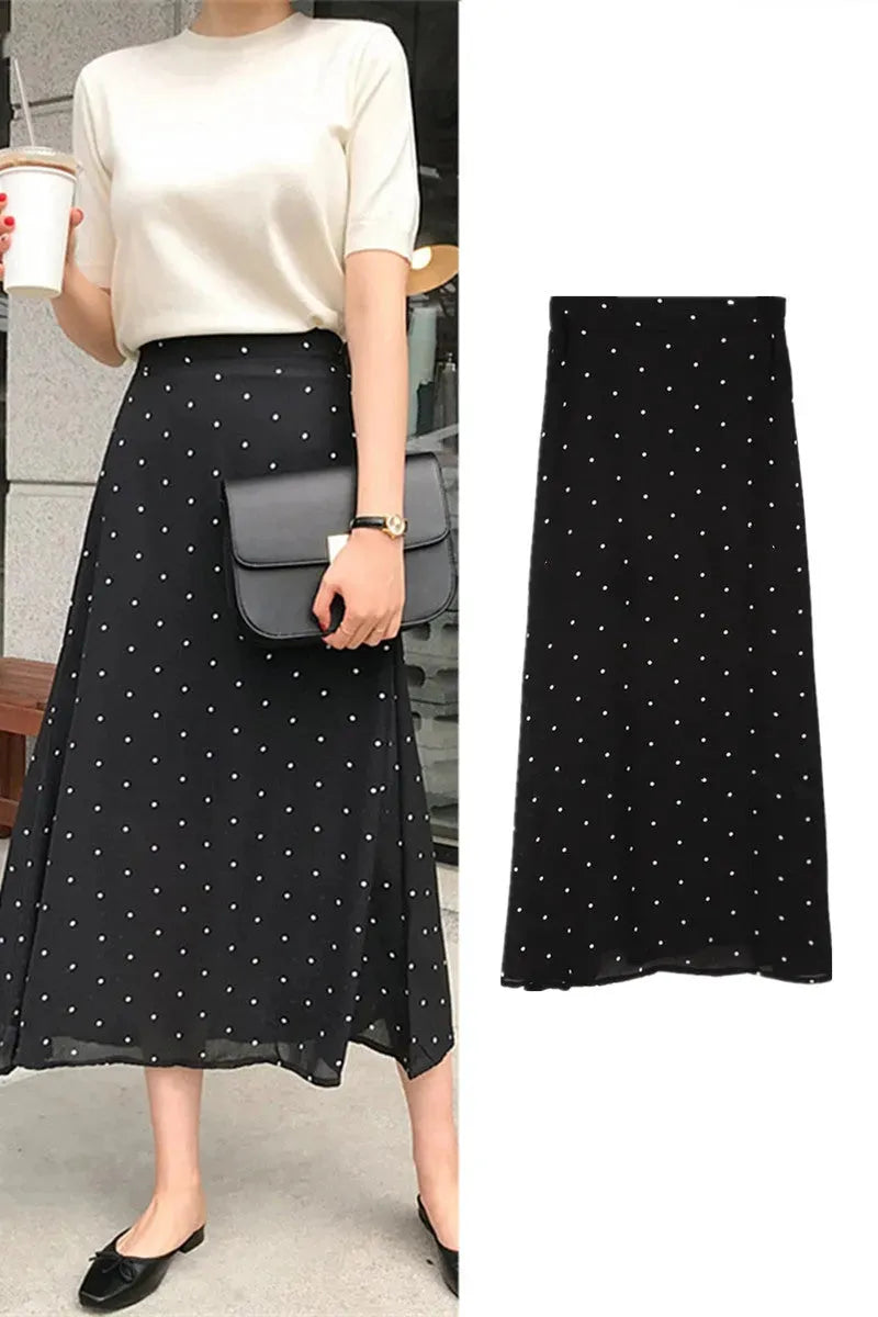 Polka dot High waist Chiffon Flowy Midi skirt women - EX-STOCK CANADA
