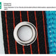 Close-up of a metal buttonhole with a white center, shown on a black woven strap with red stripes next to a blue textured panel. Text at the top explains enlarging the buttonhole and mentions inner diameter 1.