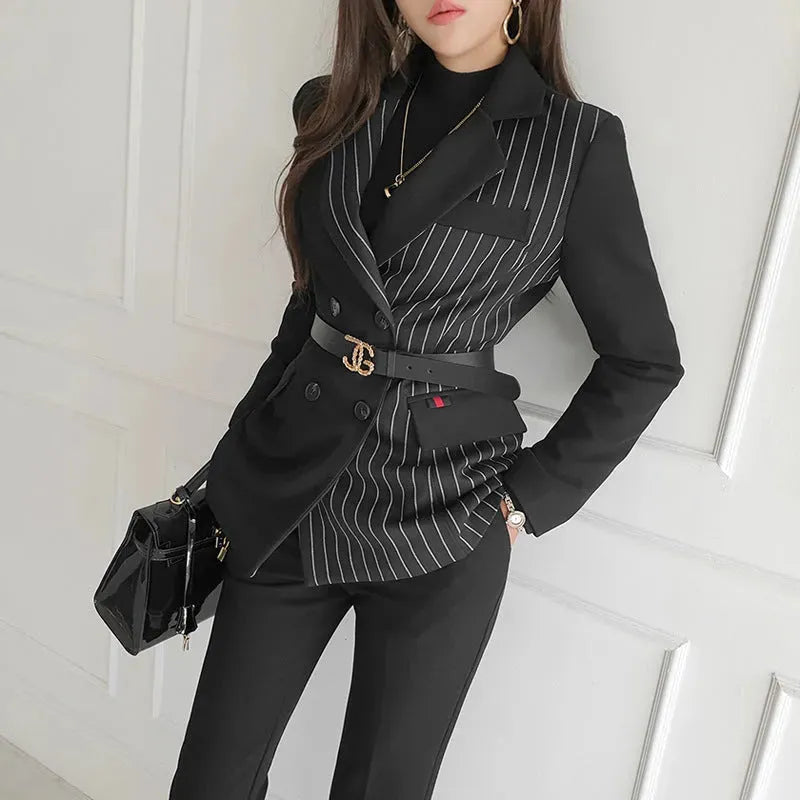 Formal Business Women Set New Striped Blazer Slim Pant suit 2pcs - EX-STOCK CANADA
