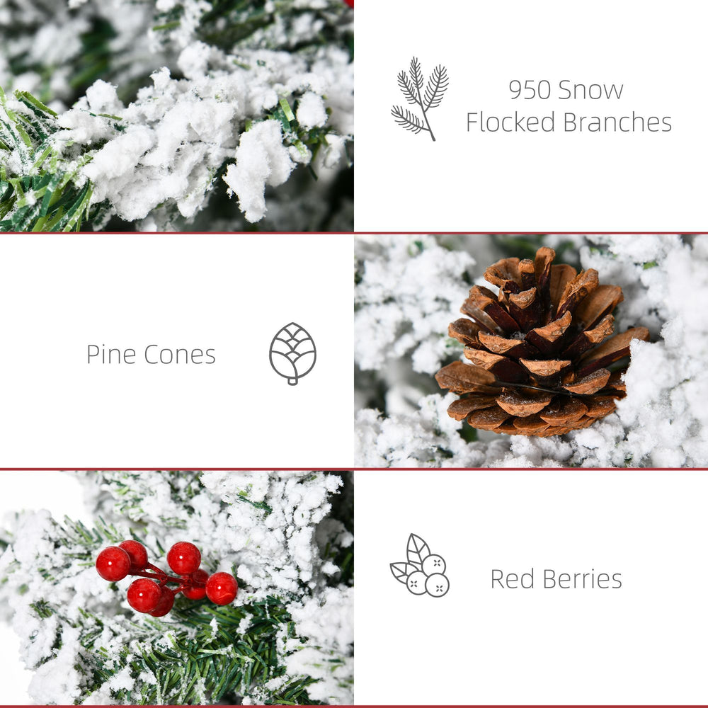 7.5 Foot Pencil Snow Flocked Artificial Christmas Tree With 950 Pine Realistic Branches, Pine Cones, Red Berries, Auto Open, Green EX-STOCK Canada 