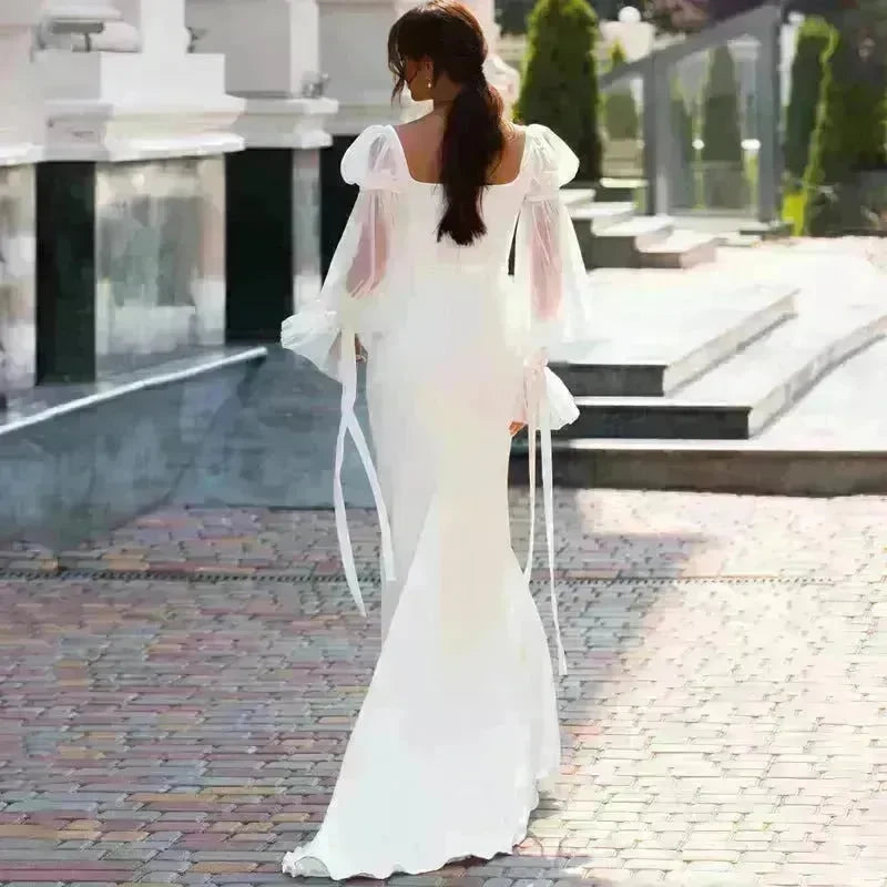 Women's Ruffled Long Sleeve Banquet Temperament High Waist Mop White Wedding  Party Fish Tail Styled  Dress Mermaid Dress - EX-STOCK CANADA