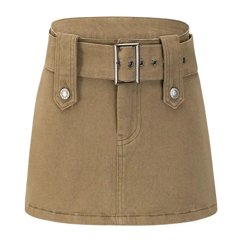 American Retro Wide Waistband Denim Mini Skirt with Belt - EX-STOCK CANADA