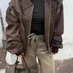 Oversized Fashion Zip-up Lapel Leather Jacket for women - EX-STOCK CANADA