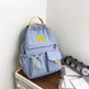 Light blue backpack with yellow accents on a wooden surface next to a clock and papers.