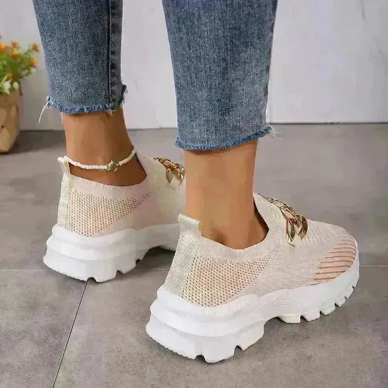 Fashion Chain Design Mesh Shoes For Women Breathable Casual Soft Sole Walking Sock Slip On Flat Chunky Sneakers Shoes for Women - EX-STOCK CANADA