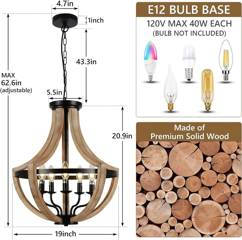 Solid Wood Modern Chandelier For Dining Room, Living Room, Kitchen, Island, Bedroom, Foyer, Height Adjustable, Brown - EX-STOCK CANADA