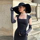 Women's Black Square Neck Midi Wrap Dress with Opera Gloves – Elegant Slim Fit 2
