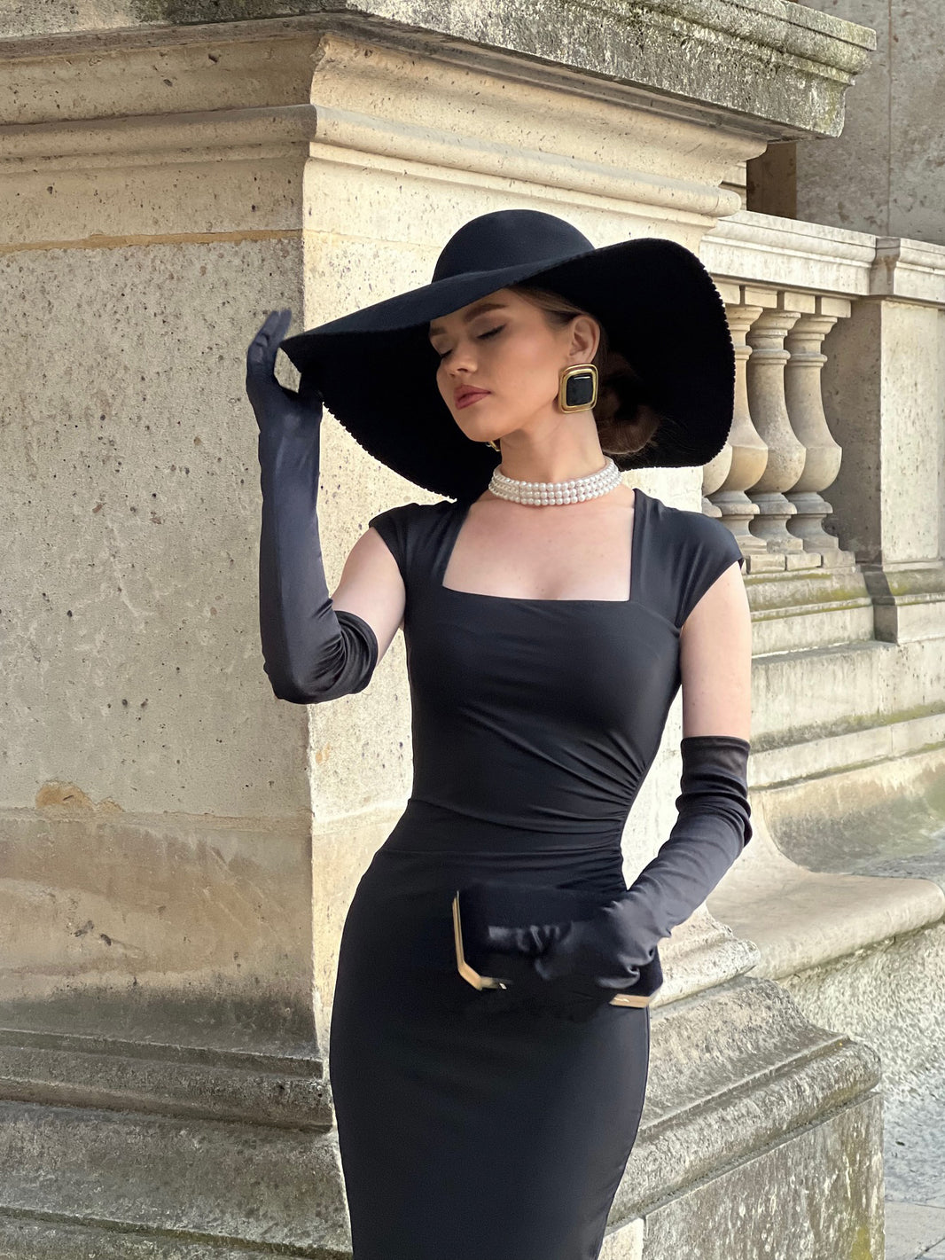 Women's Black Square Neck Midi Wrap Dress with Opera Gloves – Elegant Slim Fit 2
