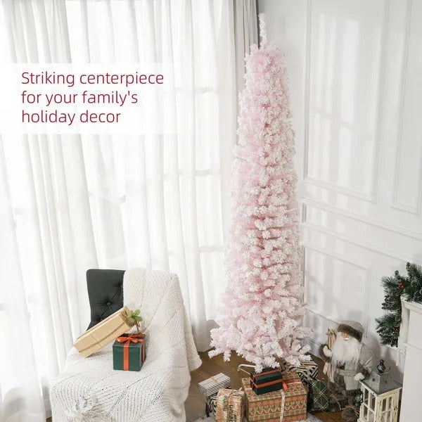 7.5ft Flocked Christmas Tree, Pencil Christmas Tree With Realistic Branch Tips, Folding Metal Stand EX-STOCK Canada 