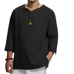 Loose Casual V-neck Top Cotton And Linen Long Sleeve Pullover Shirt Men's Shirt Top - EX-STOCK CANADA