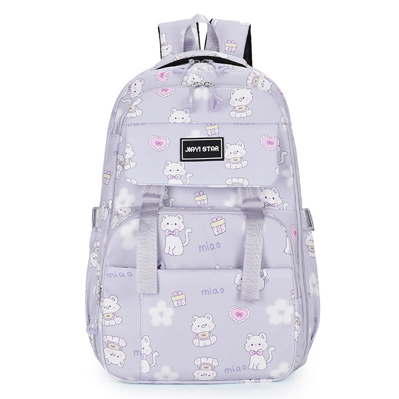 Backpack with cat pattern and 'Jiayi Star' branding on a white background