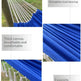 A collage showing a blue hammock outdoors, with text callouts highlighting thick canvas fabric, multi-strand traction rope, and decorative tassels.