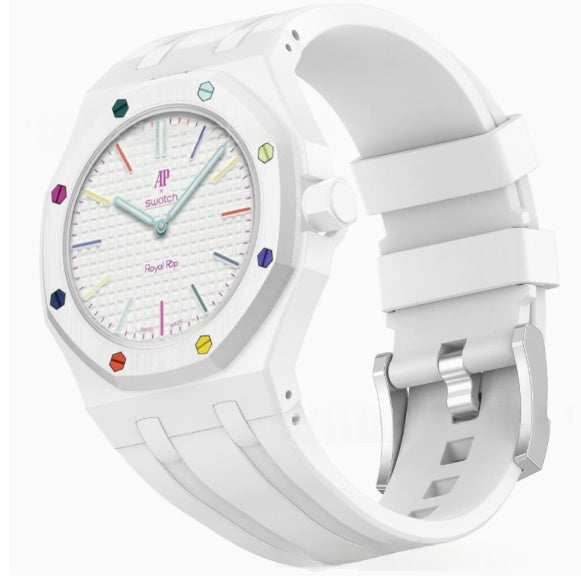 White Swatch × AP Royal Oak Integrated Silicone Watch Strap | 8 Colours, 2 Crown Positions