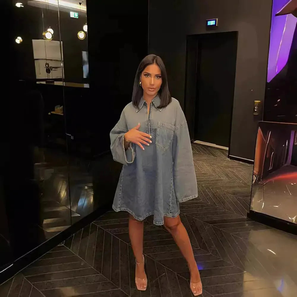 Lapel Patch Pocket Bell Sleeve Denim Dress - EX-STOCK CANADA
