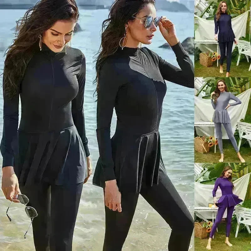 Pure Color Long-sleeved Trousers Fully Surrounded By Conservative Beach Surfing Sunscreen ArabOne-piece Swimsuit EX-STOCK