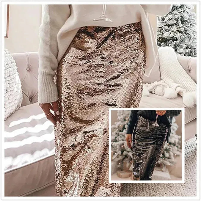 Sequined Glittering Hip A Line Pencil Midi Skirt - EX-STOCK CANADA