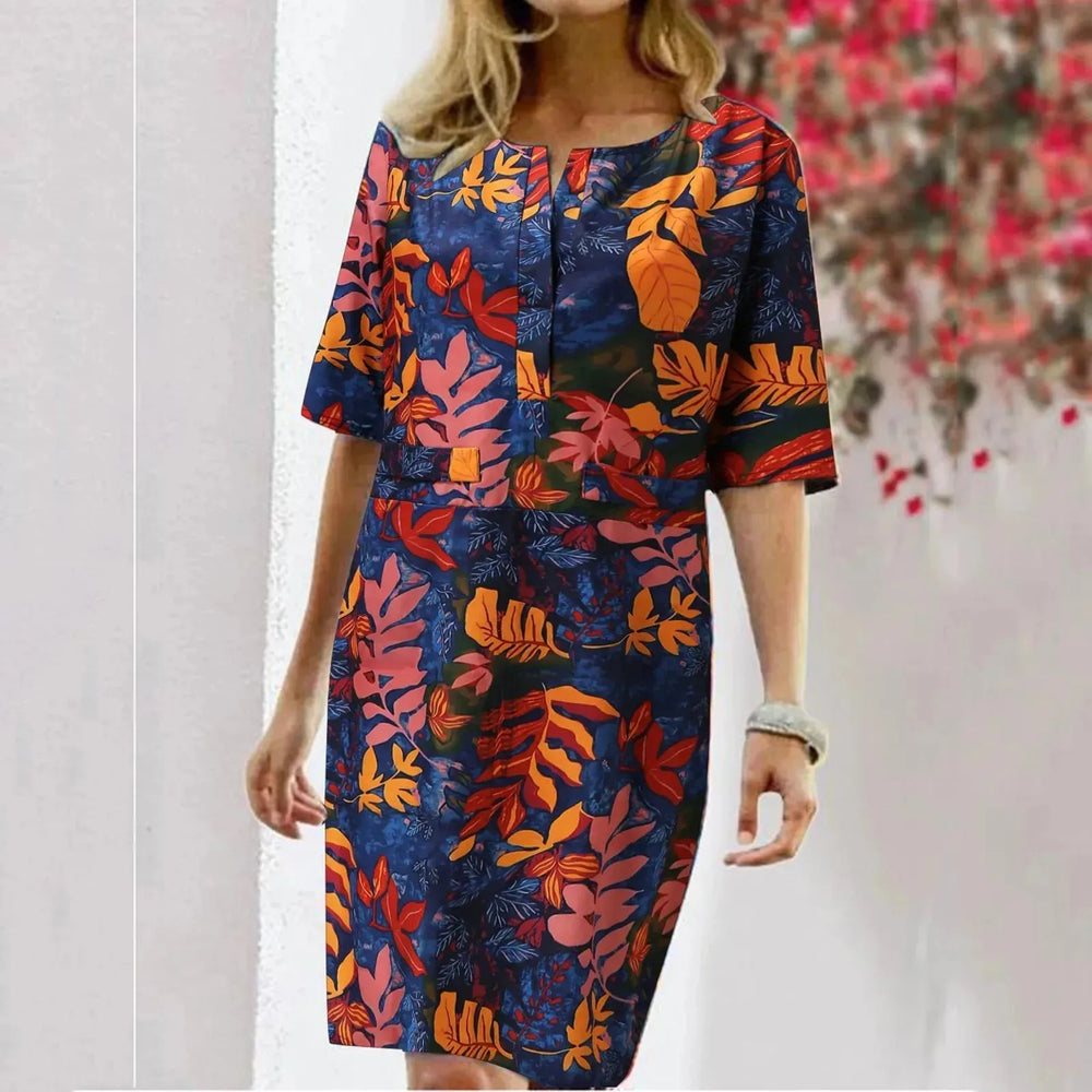 Vintage Dress Women Summer Floral Leaf Print Slit Round Neck Half Sleeve Dresses - EX-STOCK CANADA