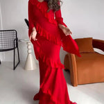 Women's V-neck Bell-Sleeve Ruffled Maxi Dress – Elegant Tiered Ruffle Formal Gown | Red | Sizes XS–XL