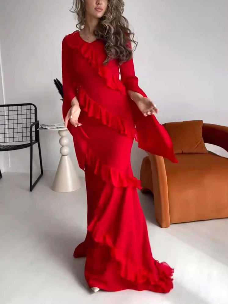 Women's V-neck Bell-Sleeve Ruffled Maxi Dress – Elegant Tiered Ruffle Formal Gown | Red | Sizes XS–XL