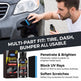 A man is shown applying a black substance from a small bottle to a car bumper, with a large text banner reading 'MULTI-PART FIT: TIRE, DASH, BUMPER ALL USABLE' and product packaging for DONAVA Plastic Restorer shown at the bottom left.